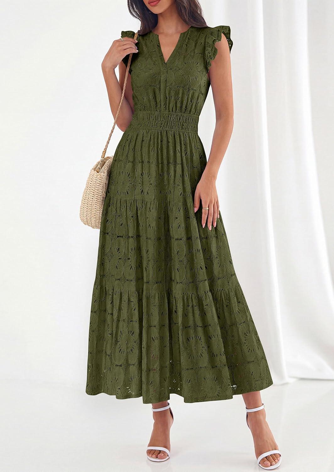 imagePRETTYGARDEN Womens Boho Maxi Dresses 2026 Summer Floral Lace Eyelet V Neck Spring Wedding Guest Dress Beach Vacation ClothesArmy Green