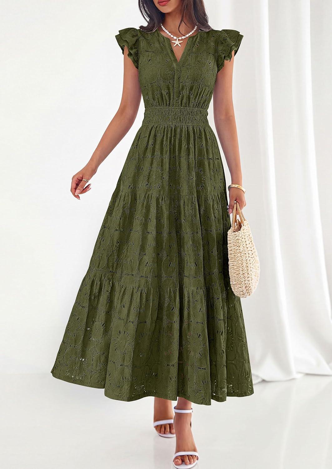 imagePRETTYGARDEN Womens Boho Maxi Dresses 2026 Summer Floral Lace Eyelet V Neck Spring Wedding Guest Dress Beach Vacation ClothesArmy Green