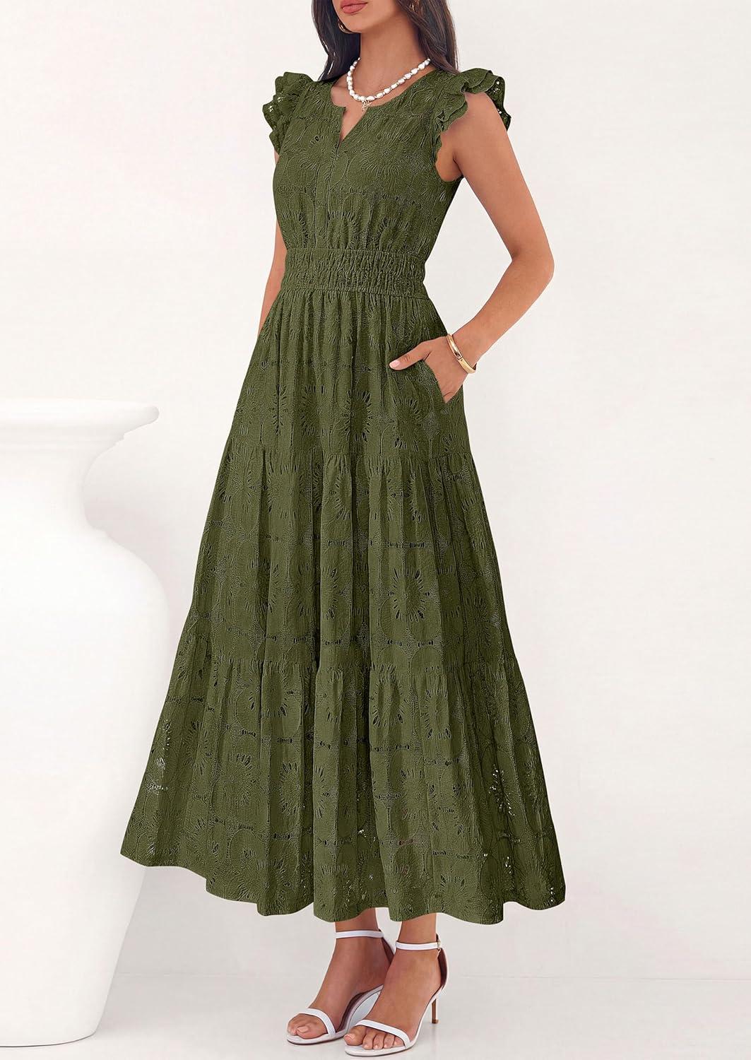 imagePRETTYGARDEN Womens Boho Maxi Dresses 2026 Summer Floral Lace Eyelet V Neck Spring Wedding Guest Dress Beach Vacation ClothesArmy Green