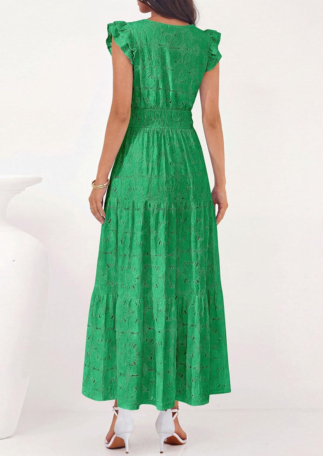 imagePRETTYGARDEN Womens Boho Maxi Dresses 2026 Summer Floral Lace Eyelet V Neck Spring Wedding Guest Dress Beach Vacation ClothesGreen