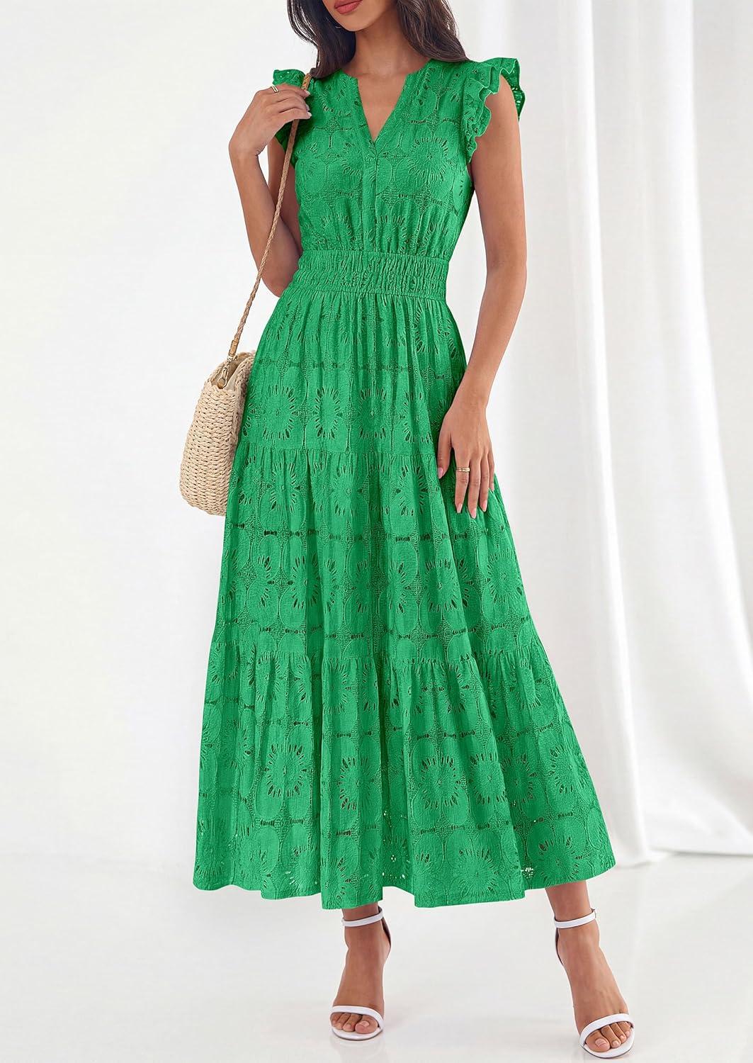 imagePRETTYGARDEN Womens Boho Maxi Dresses 2026 Summer Floral Lace Eyelet V Neck Spring Wedding Guest Dress Beach Vacation ClothesGreen