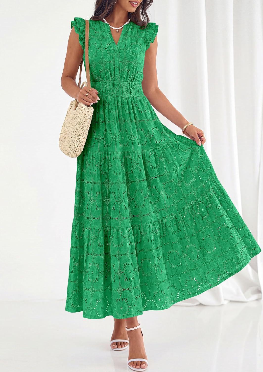 imagePRETTYGARDEN Womens Boho Maxi Dresses 2026 Summer Floral Lace Eyelet V Neck Spring Wedding Guest Dress Beach Vacation ClothesGreen