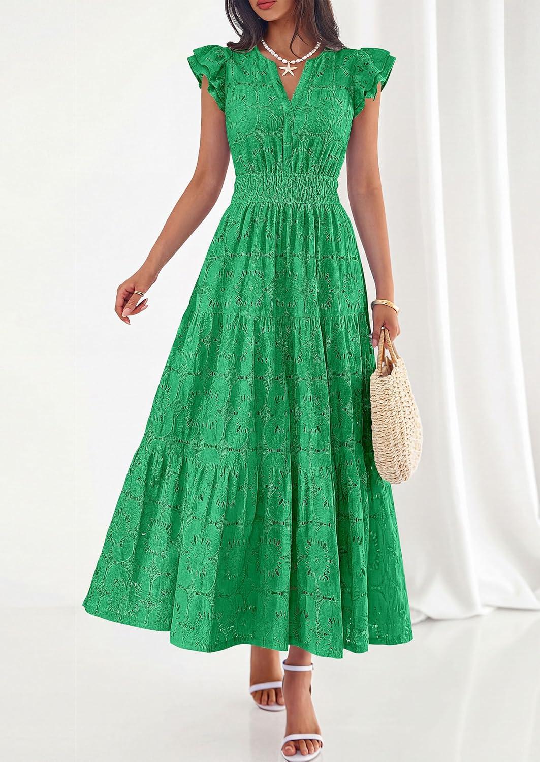 imagePRETTYGARDEN Womens Boho Maxi Dresses 2026 Summer Floral Lace Eyelet V Neck Spring Wedding Guest Dress Beach Vacation ClothesGreen