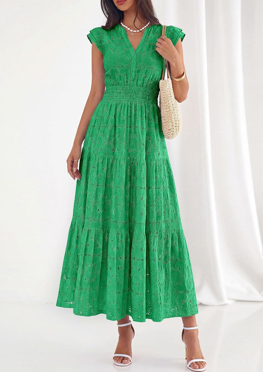 imagePRETTYGARDEN Womens Boho Maxi Dresses 2026 Summer Floral Lace Eyelet V Neck Spring Wedding Guest Dress Beach Vacation ClothesGreen