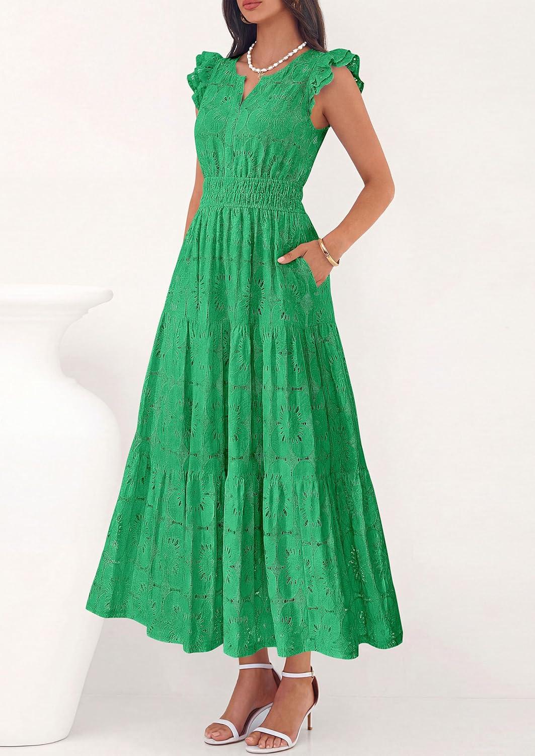 imagePRETTYGARDEN Womens Boho Maxi Dresses 2026 Summer Floral Lace Eyelet V Neck Spring Wedding Guest Dress Beach Vacation ClothesGreen