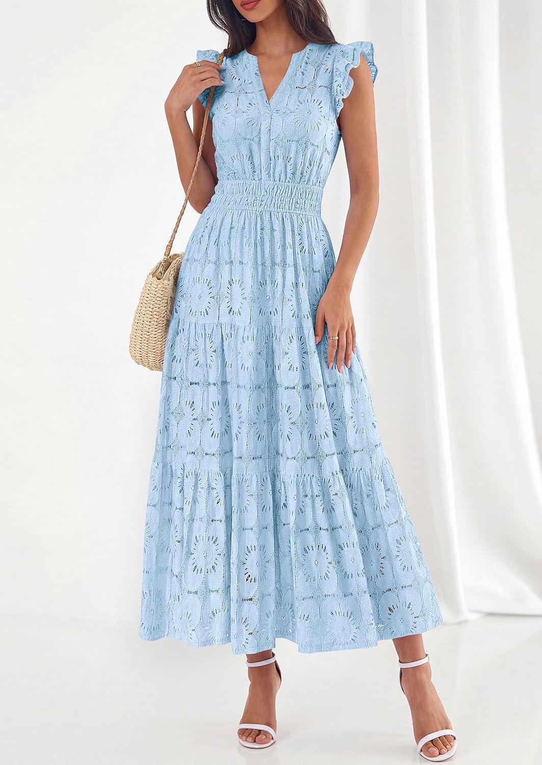 imagePRETTYGARDEN Womens Boho Maxi Dresses 2026 Summer Floral Lace Eyelet V Neck Spring Wedding Guest Dress Beach Vacation ClothesLight Blue