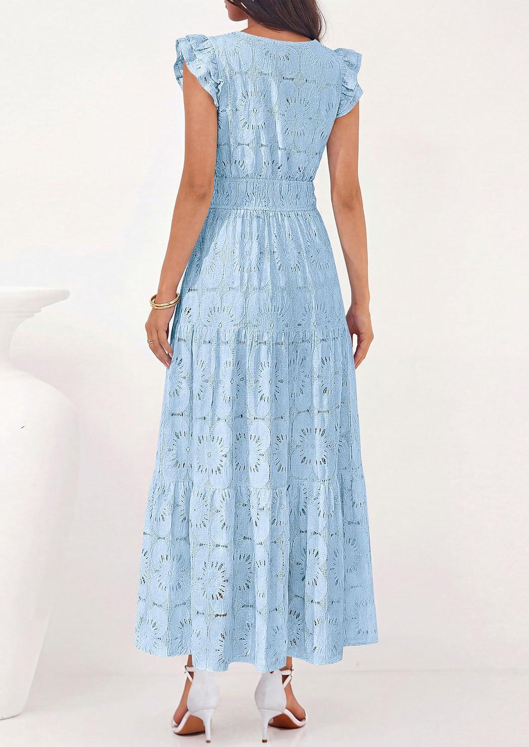 imagePRETTYGARDEN Womens Boho Maxi Dresses 2026 Summer Floral Lace Eyelet V Neck Spring Wedding Guest Dress Beach Vacation ClothesLight Blue