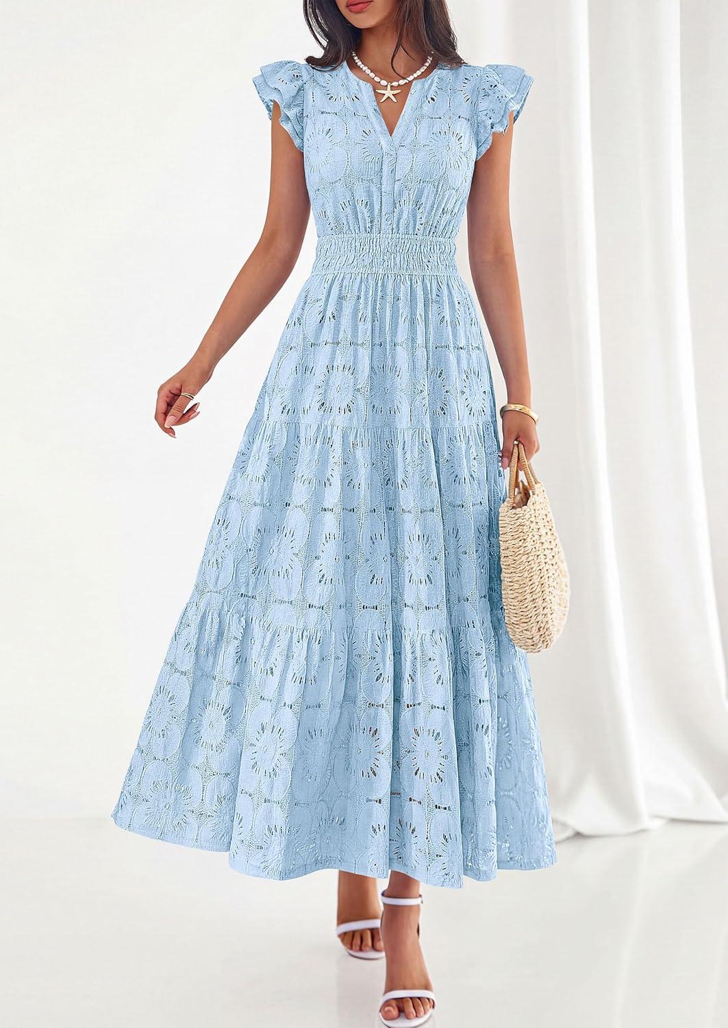 imagePRETTYGARDEN Womens Boho Maxi Dresses 2026 Summer Floral Lace Eyelet V Neck Spring Wedding Guest Dress Beach Vacation ClothesLight Blue