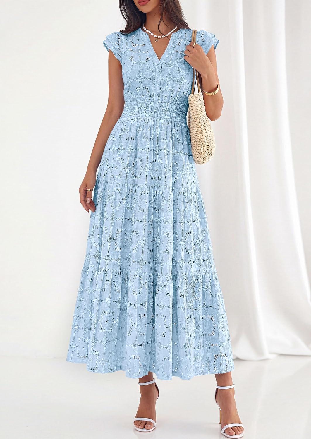 imagePRETTYGARDEN Womens Boho Maxi Dresses 2026 Summer Floral Lace Eyelet V Neck Spring Wedding Guest Dress Beach Vacation ClothesLight Blue