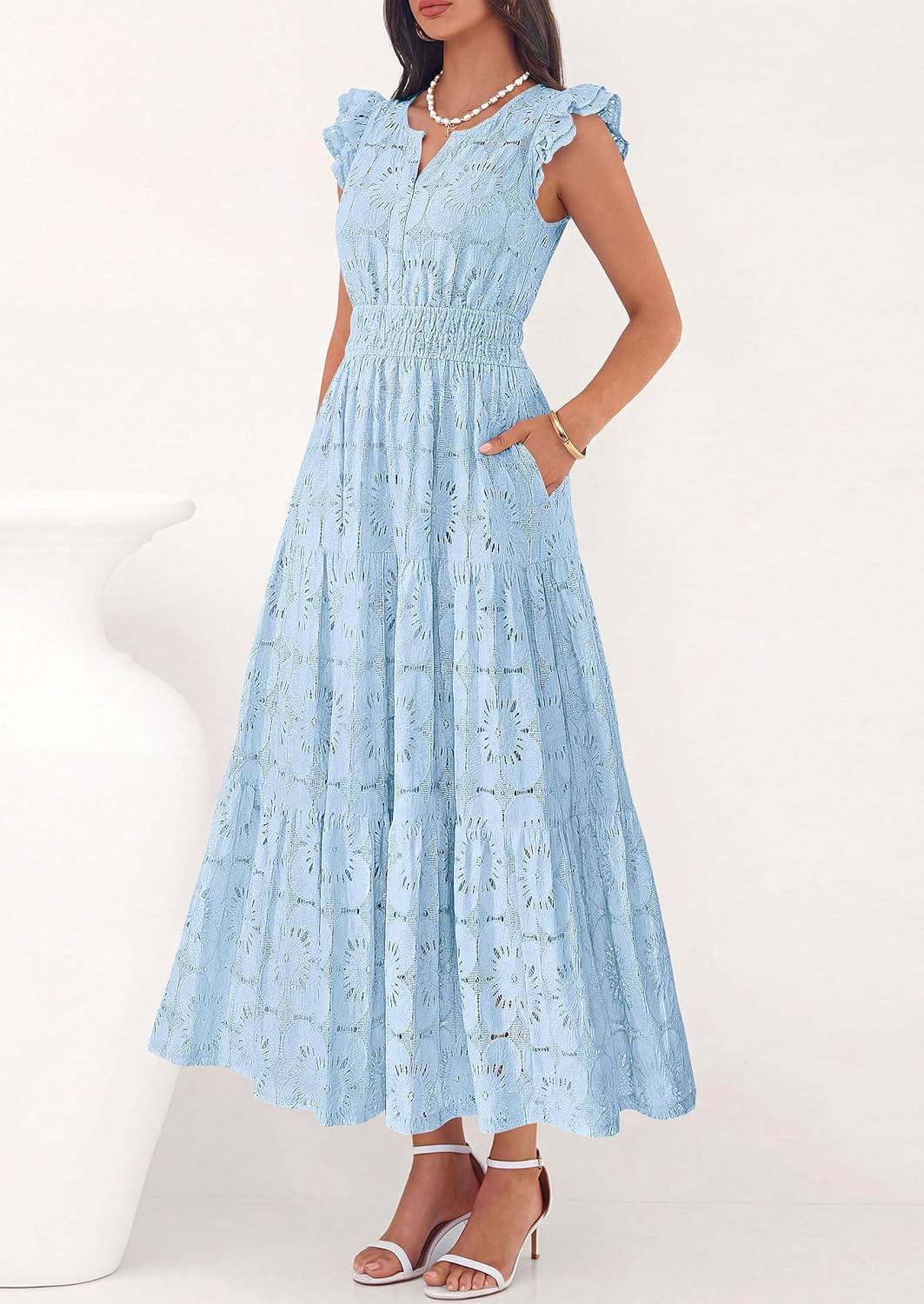 imagePRETTYGARDEN Womens Boho Maxi Dresses 2026 Summer Floral Lace Eyelet V Neck Spring Wedding Guest Dress Beach Vacation ClothesLight Blue