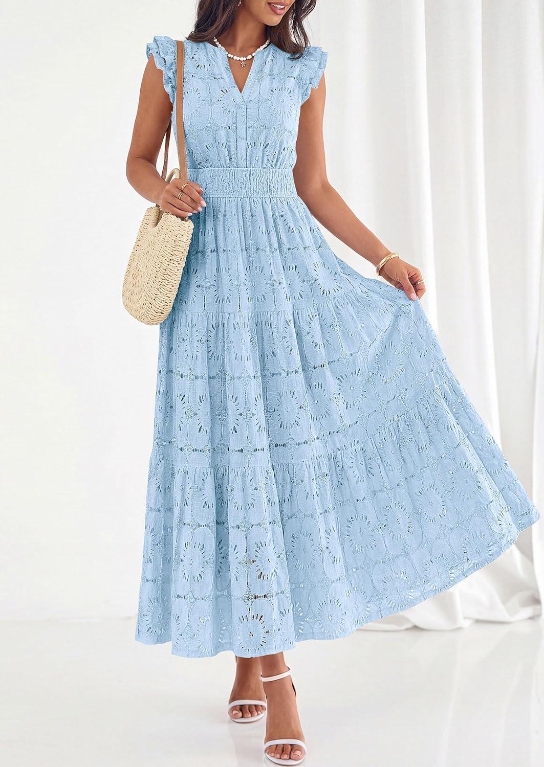 imagePRETTYGARDEN Womens Boho Maxi Dresses 2026 Summer Floral Lace Eyelet V Neck Spring Wedding Guest Dress Beach Vacation ClothesLight Blue
