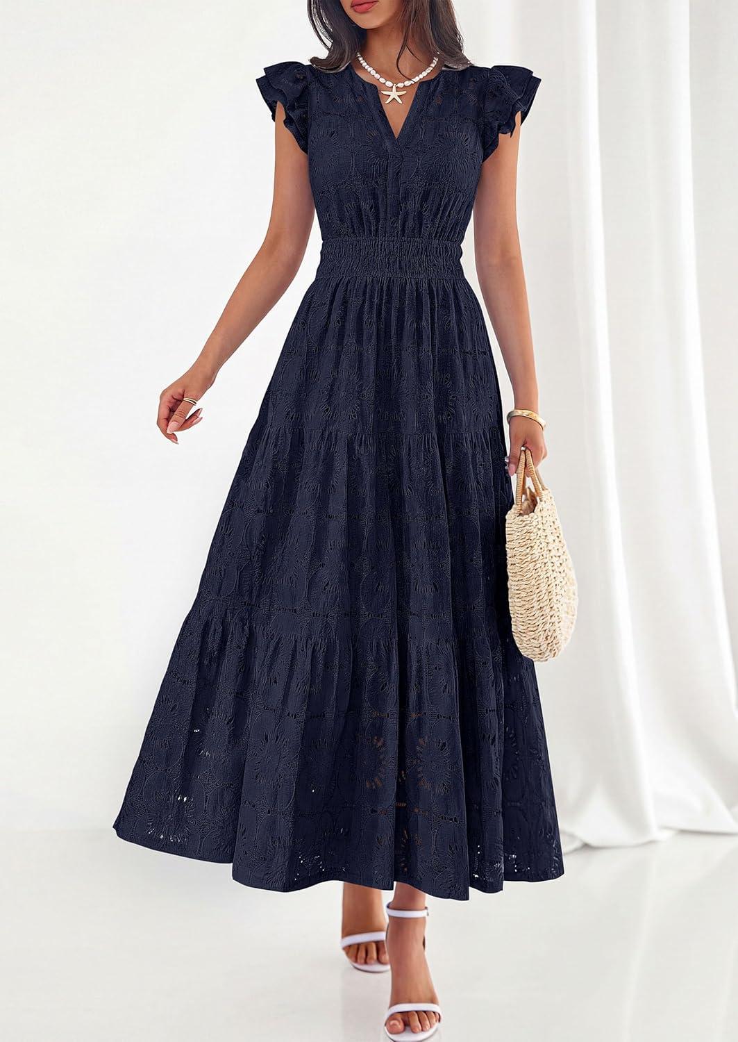 imagePRETTYGARDEN Womens Boho Maxi Dresses 2026 Summer Floral Lace Eyelet V Neck Spring Wedding Guest Dress Beach Vacation ClothesNavy Blue