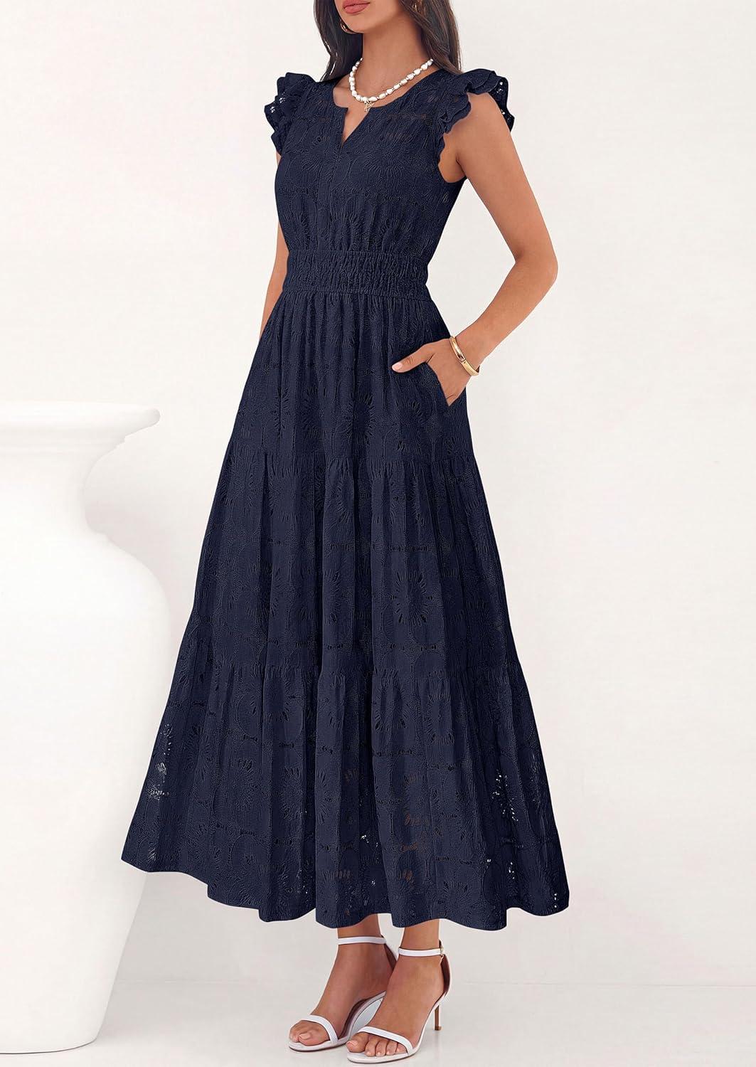 imagePRETTYGARDEN Womens Boho Maxi Dresses 2026 Summer Floral Lace Eyelet V Neck Spring Wedding Guest Dress Beach Vacation ClothesNavy Blue