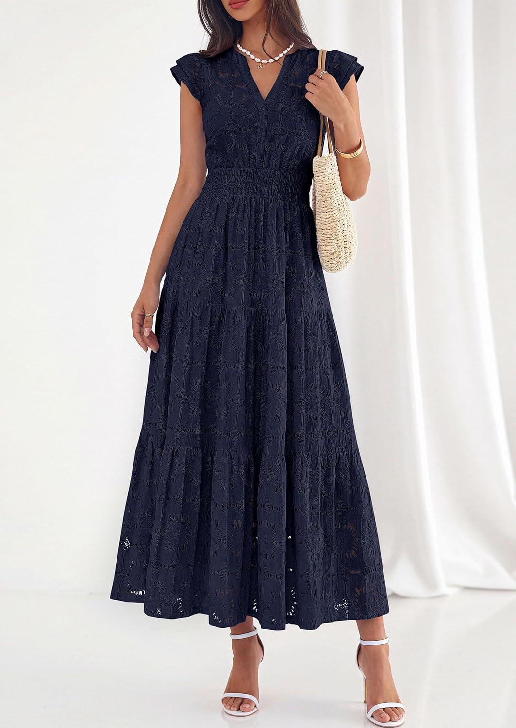imagePRETTYGARDEN Womens Boho Maxi Dresses 2026 Summer Floral Lace Eyelet V Neck Spring Wedding Guest Dress Beach Vacation ClothesNavy Blue