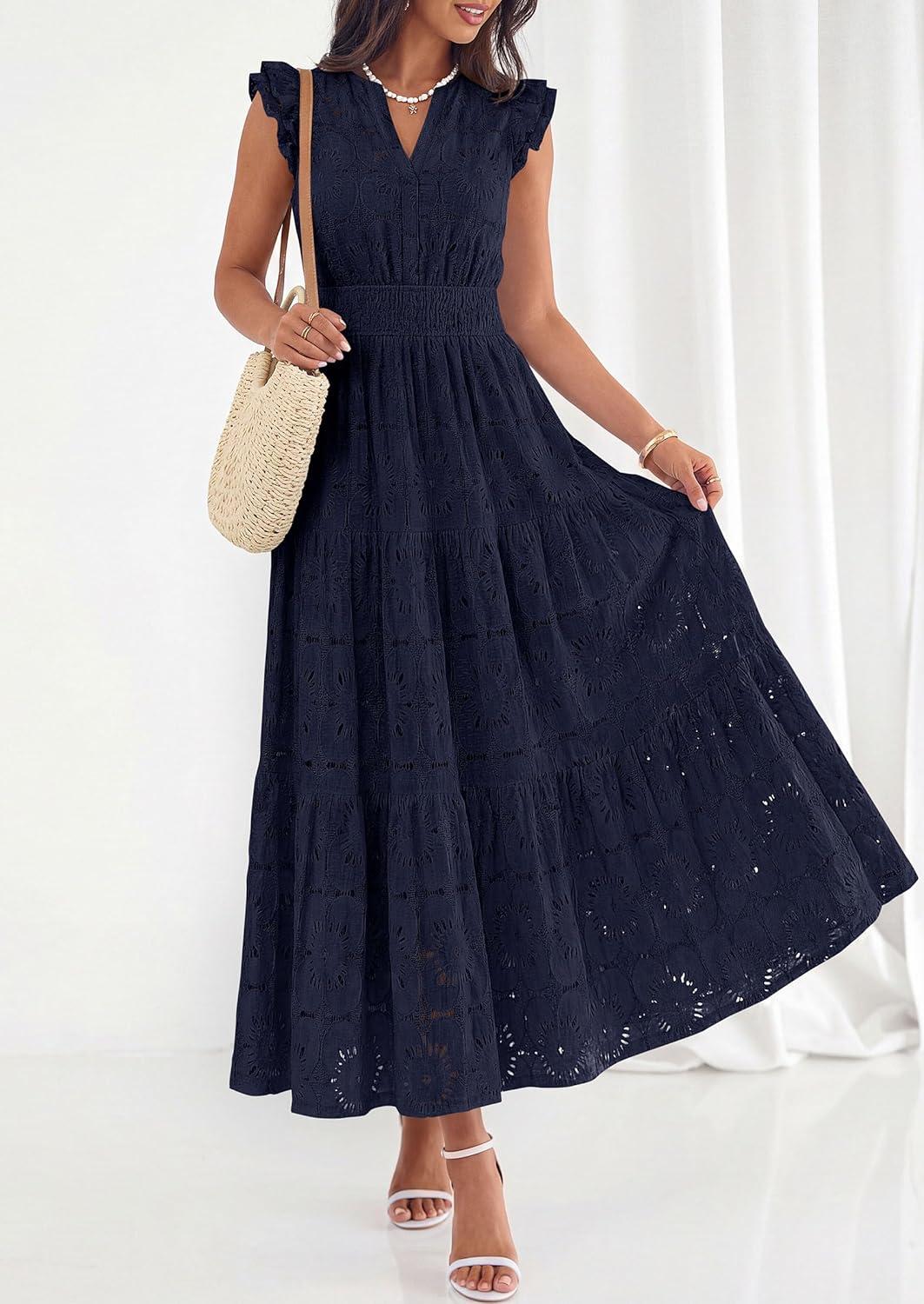 imagePRETTYGARDEN Womens Boho Maxi Dresses 2026 Summer Floral Lace Eyelet V Neck Spring Wedding Guest Dress Beach Vacation ClothesNavy Blue
