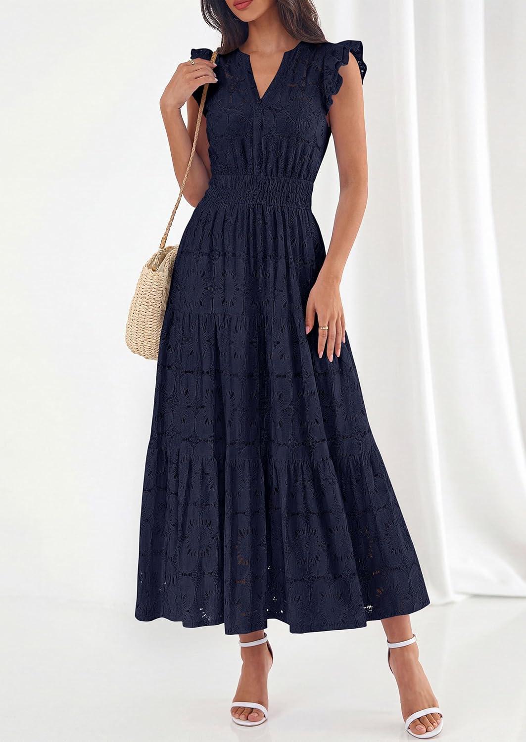 imagePRETTYGARDEN Womens Boho Maxi Dresses 2026 Summer Floral Lace Eyelet V Neck Spring Wedding Guest Dress Beach Vacation ClothesNavy Blue