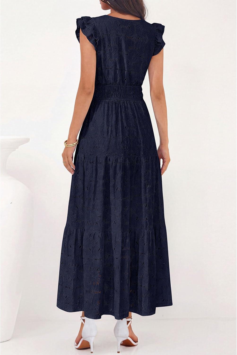 imagePRETTYGARDEN Womens Boho Maxi Dresses 2026 Summer Floral Lace Eyelet V Neck Spring Wedding Guest Dress Beach Vacation ClothesNavy Blue