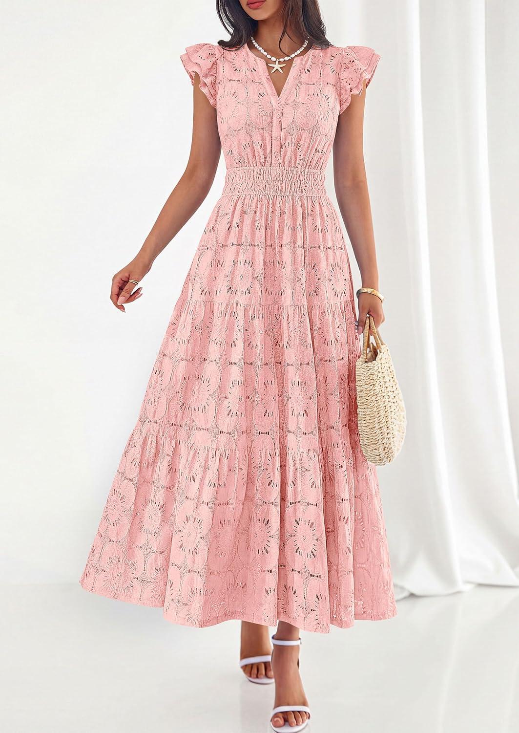 imagePRETTYGARDEN Womens Boho Maxi Dresses 2026 Summer Floral Lace Eyelet V Neck Spring Wedding Guest Dress Beach Vacation ClothesPink