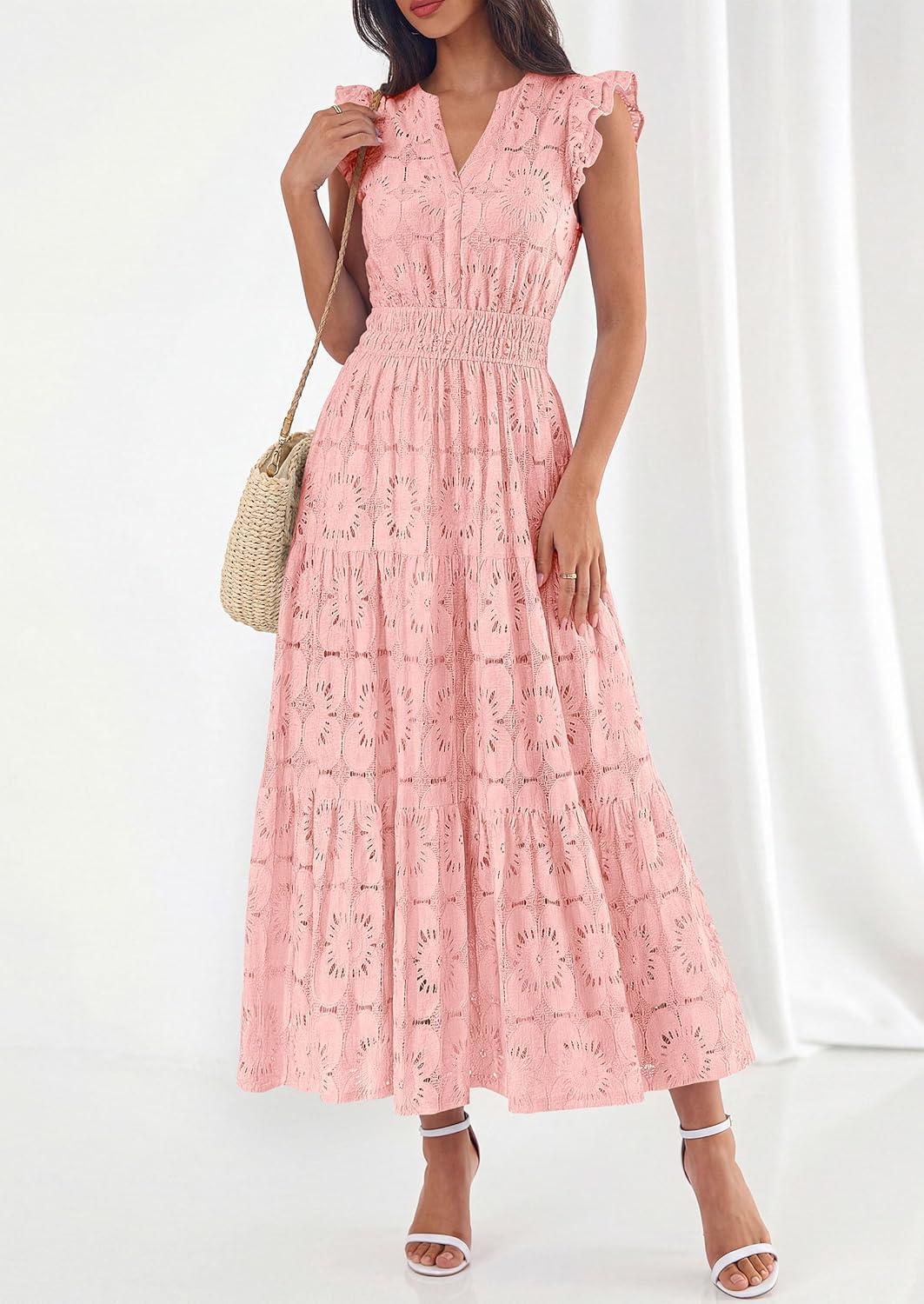 imagePRETTYGARDEN Womens Boho Maxi Dresses 2026 Summer Floral Lace Eyelet V Neck Spring Wedding Guest Dress Beach Vacation ClothesPink