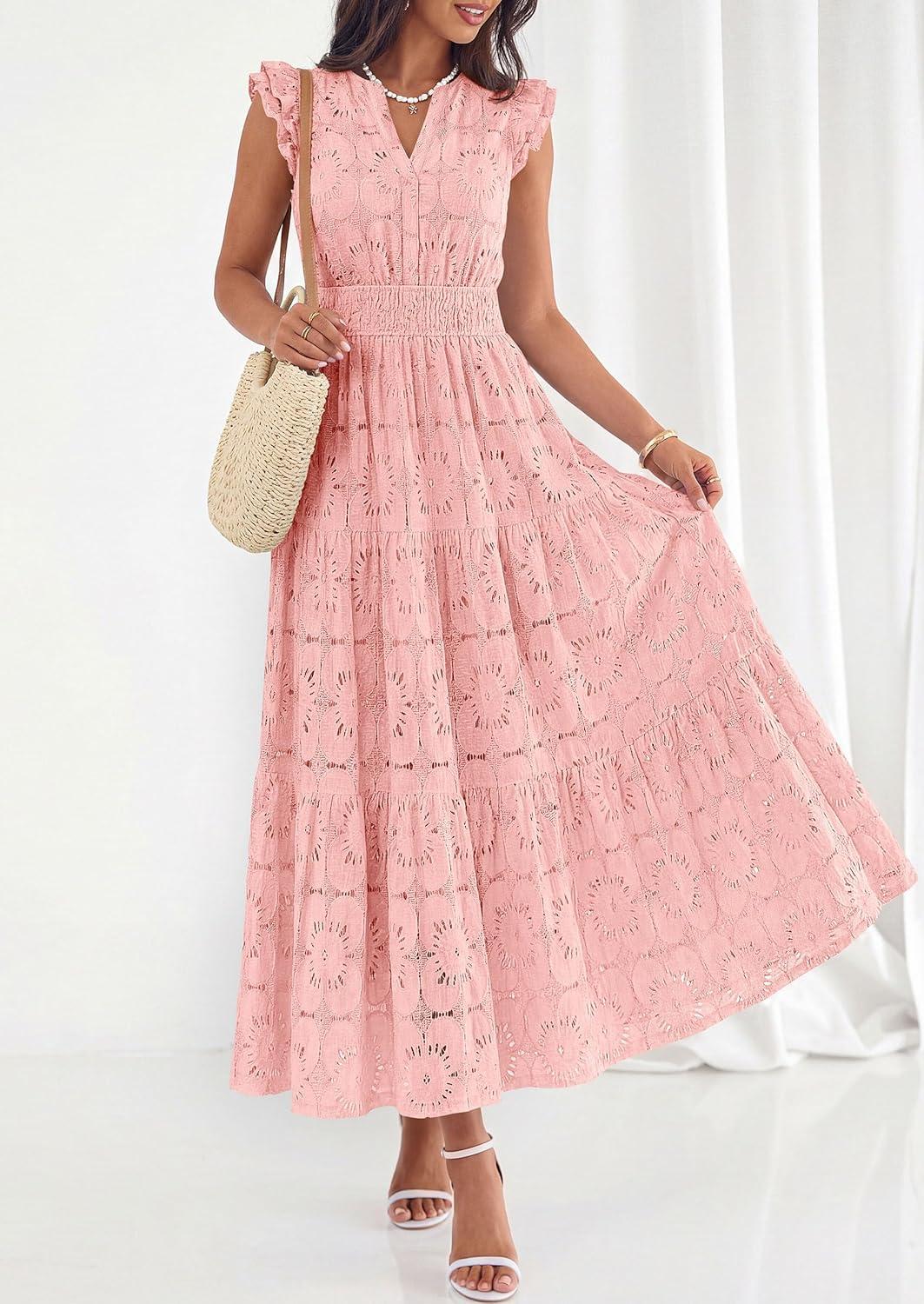 imagePRETTYGARDEN Womens Boho Maxi Dresses 2026 Summer Floral Lace Eyelet V Neck Spring Wedding Guest Dress Beach Vacation ClothesPink