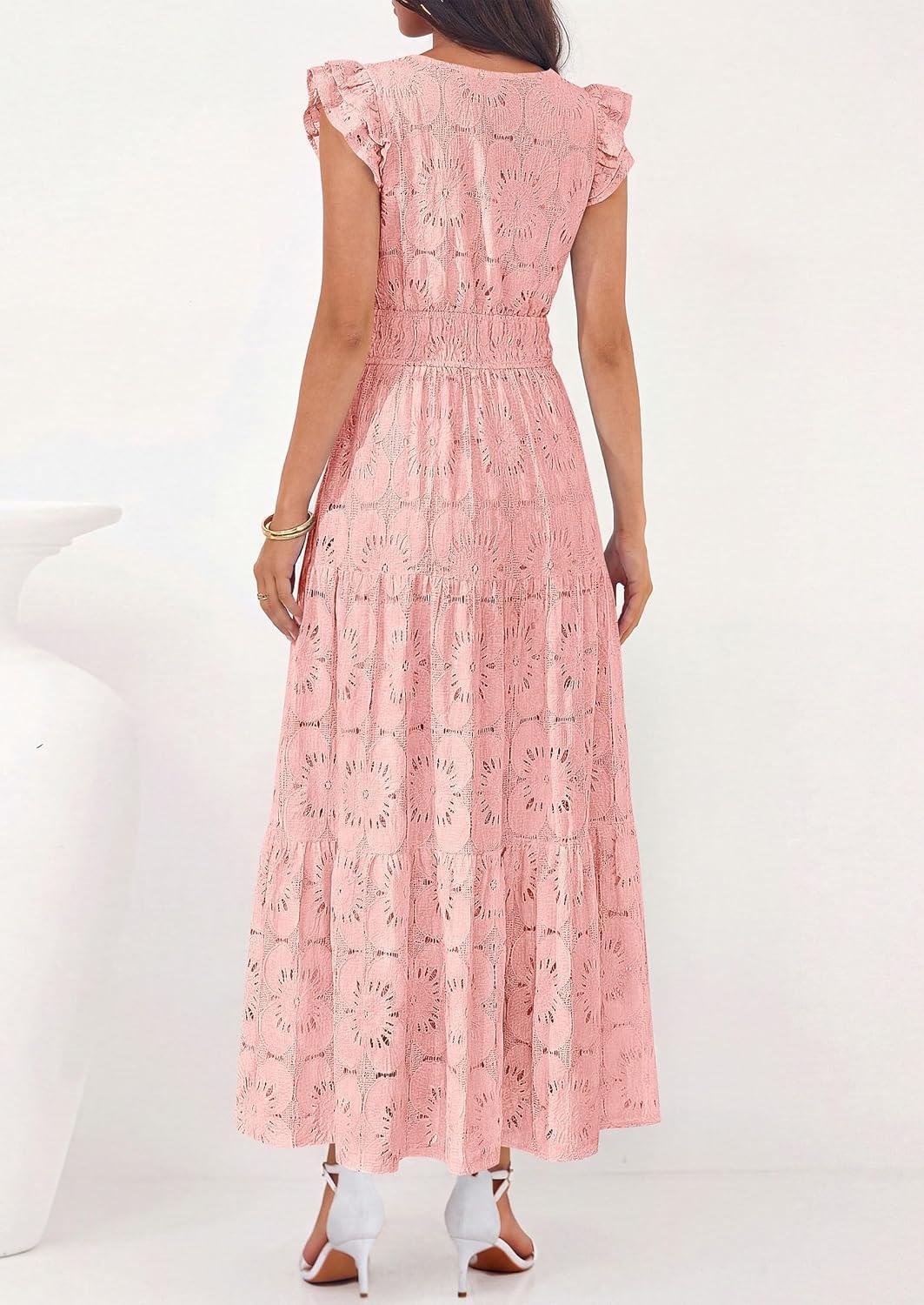 imagePRETTYGARDEN Womens Boho Maxi Dresses 2026 Summer Floral Lace Eyelet V Neck Spring Wedding Guest Dress Beach Vacation ClothesPink