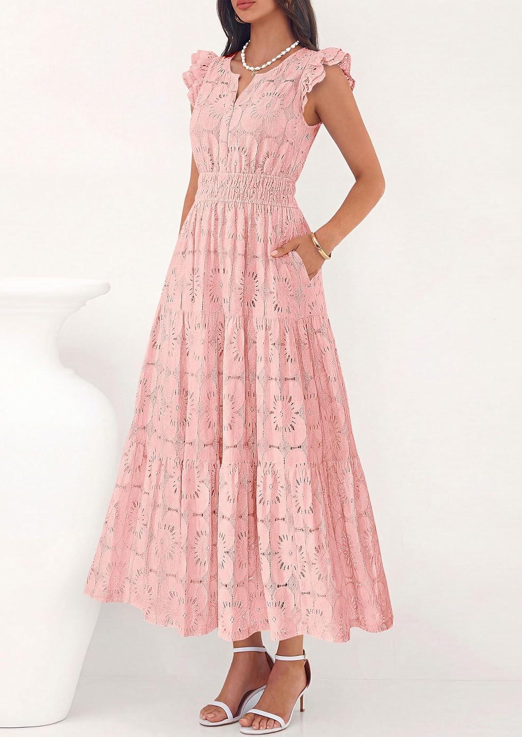 imagePRETTYGARDEN Womens Boho Maxi Dresses 2026 Summer Floral Lace Eyelet V Neck Spring Wedding Guest Dress Beach Vacation ClothesPink
