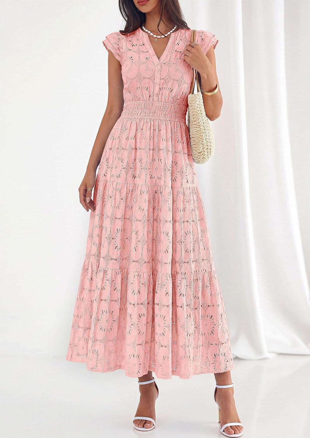 imagePRETTYGARDEN Womens Boho Maxi Dresses 2026 Summer Floral Lace Eyelet V Neck Spring Wedding Guest Dress Beach Vacation ClothesPink