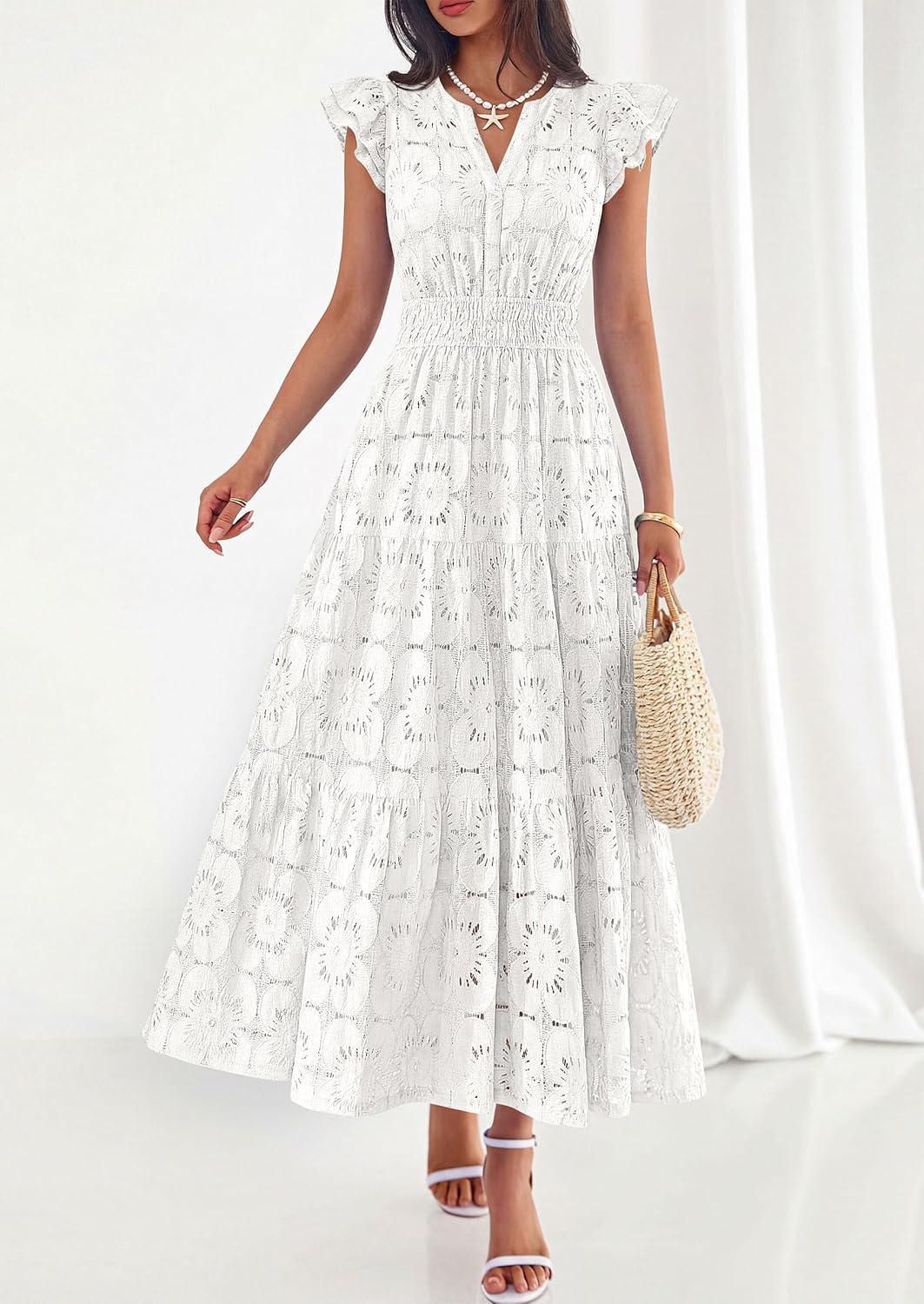 imagePRETTYGARDEN Womens Boho Maxi Dresses 2026 Summer Floral Lace Eyelet V Neck Spring Wedding Guest Dress Beach Vacation ClothesWhite