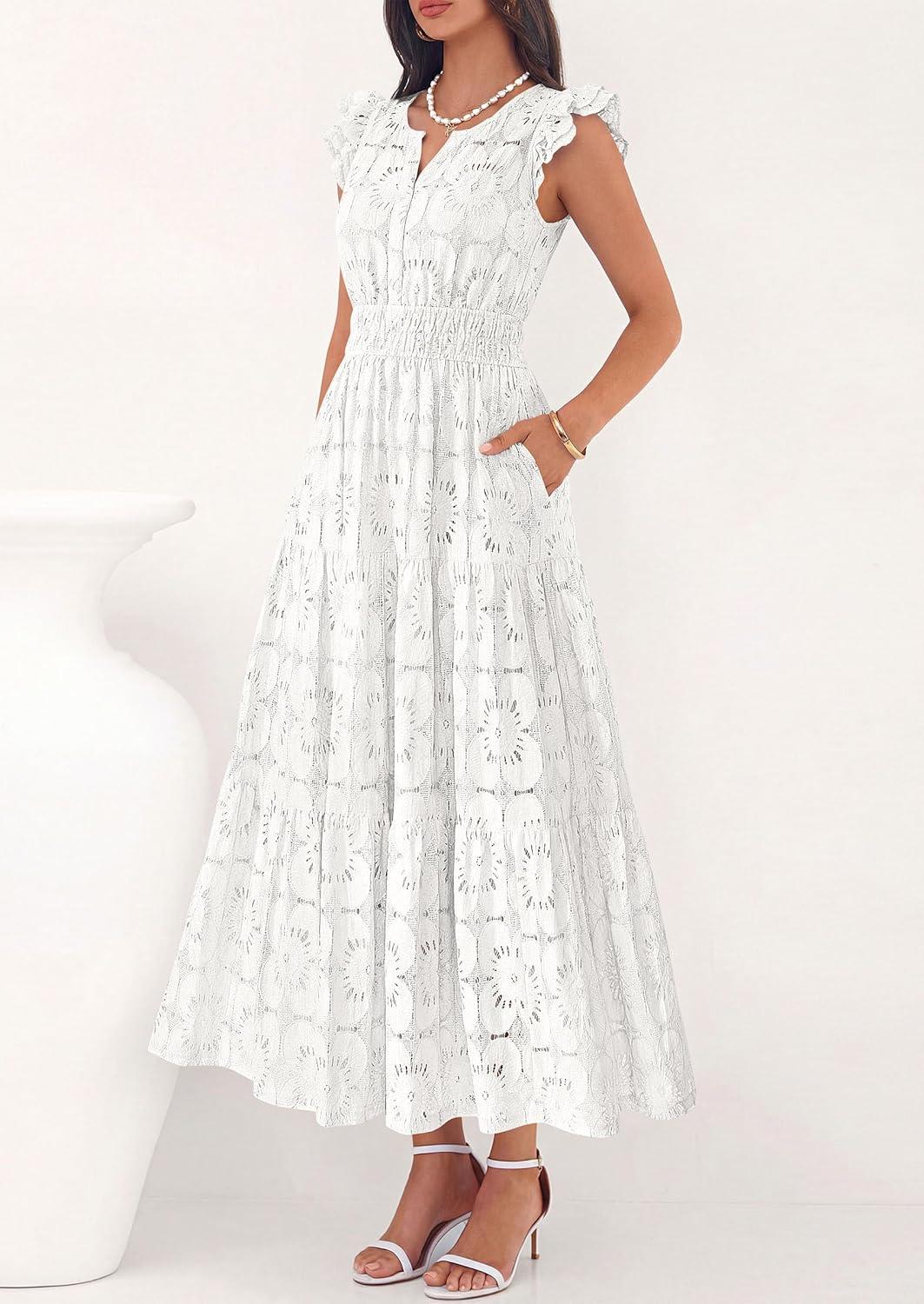 imagePRETTYGARDEN Womens Boho Maxi Dresses 2026 Summer Floral Lace Eyelet V Neck Spring Wedding Guest Dress Beach Vacation ClothesWhite