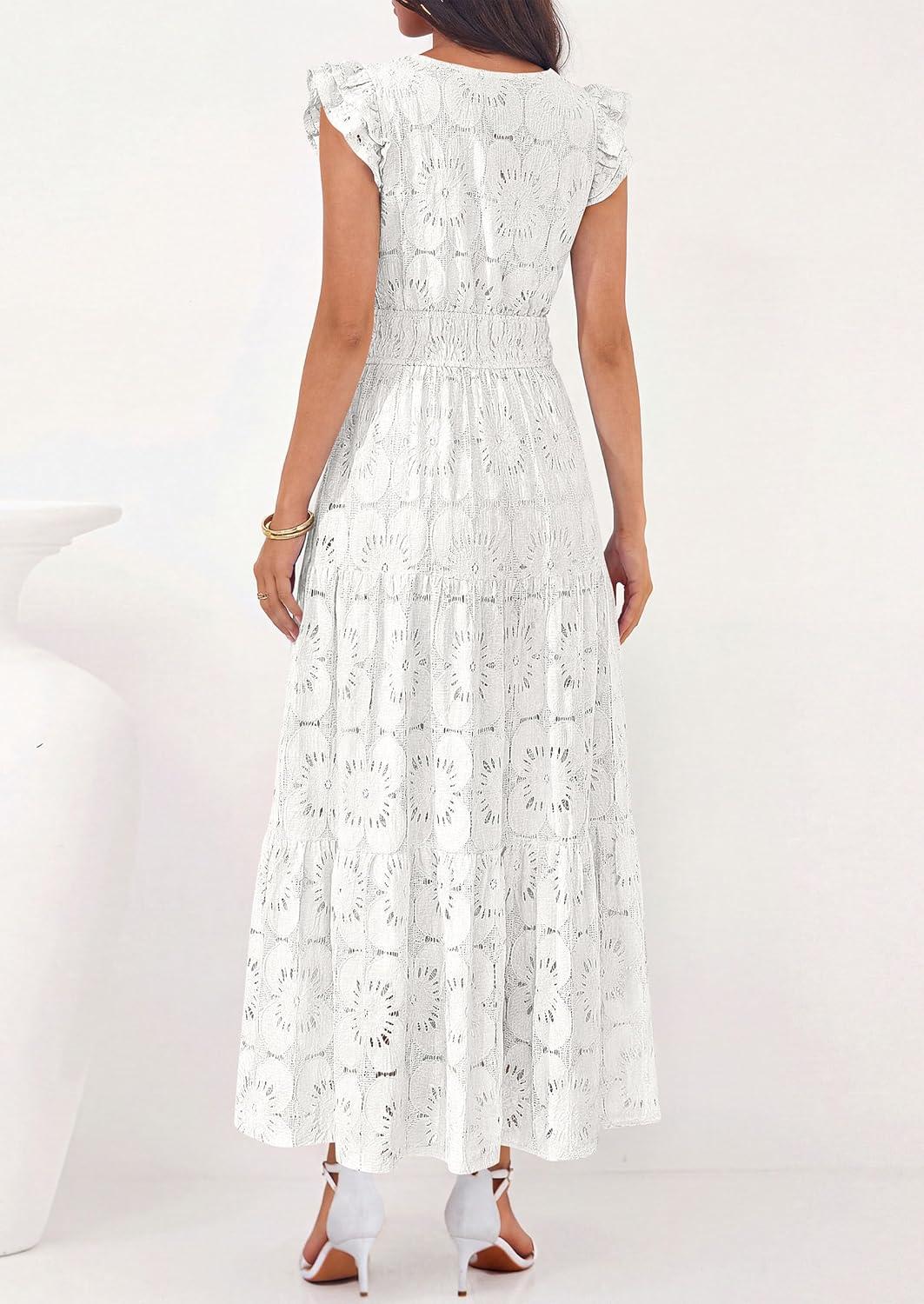 imagePRETTYGARDEN Womens Boho Maxi Dresses 2026 Summer Floral Lace Eyelet V Neck Spring Wedding Guest Dress Beach Vacation ClothesWhite