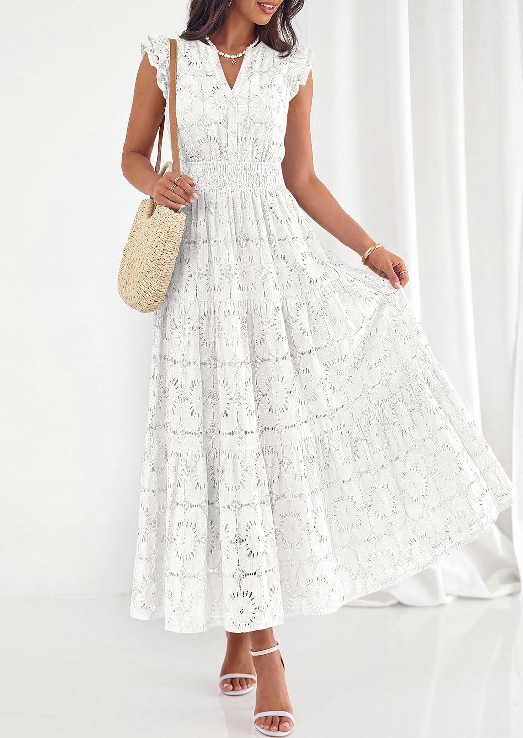 imagePRETTYGARDEN Womens Boho Maxi Dresses 2026 Summer Floral Lace Eyelet V Neck Spring Wedding Guest Dress Beach Vacation ClothesWhite