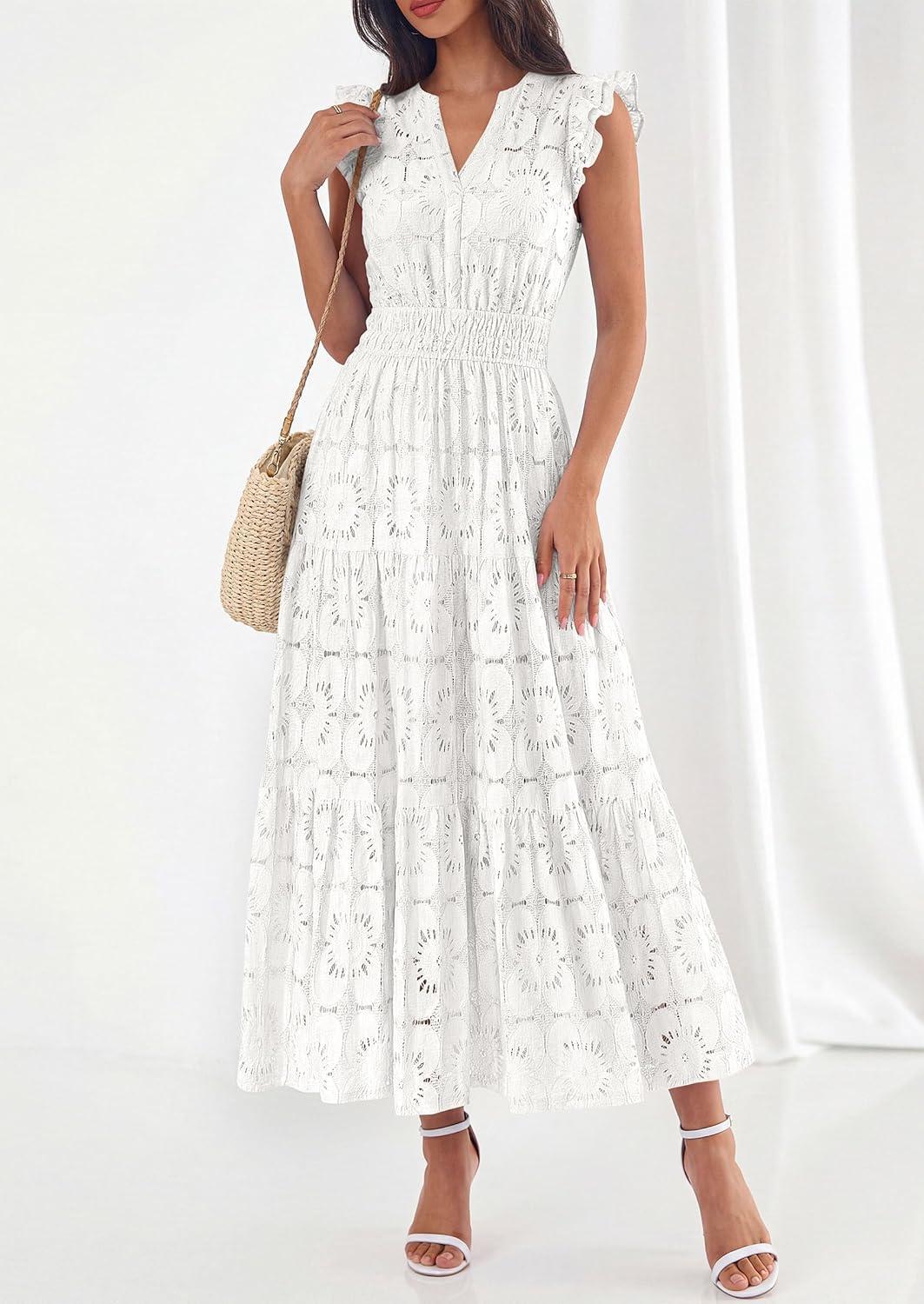 imagePRETTYGARDEN Womens Boho Maxi Dresses 2026 Summer Floral Lace Eyelet V Neck Spring Wedding Guest Dress Beach Vacation ClothesWhite