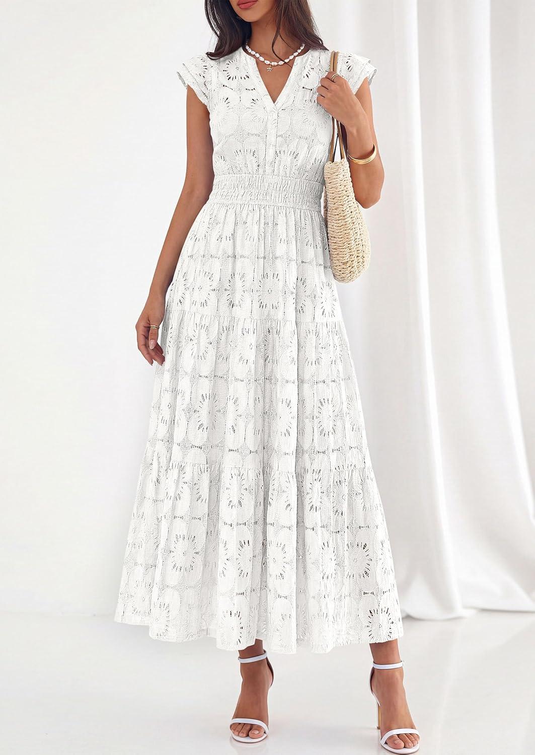 imagePRETTYGARDEN Womens Boho Maxi Dresses 2026 Summer Floral Lace Eyelet V Neck Spring Wedding Guest Dress Beach Vacation ClothesWhite