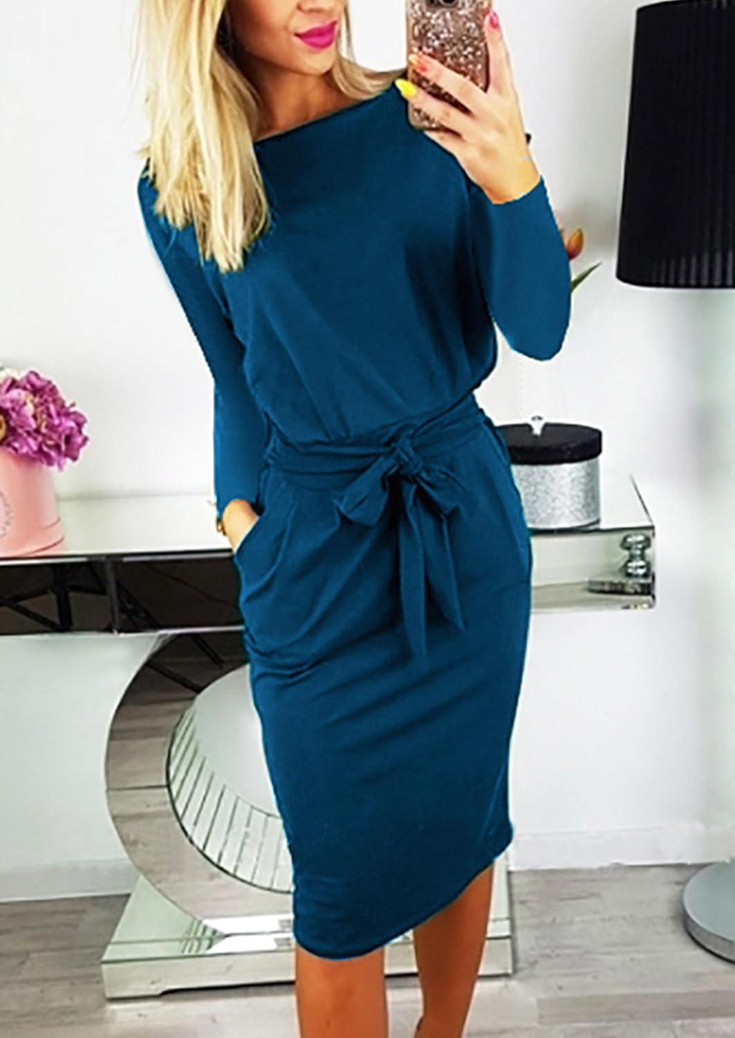 imagePRETTYGARDEN Womens Fall Bodycon Party Dress Casual Long Sleeve Tie Waist Fitted Sheath Pencil Dresses with PocketsDark Green