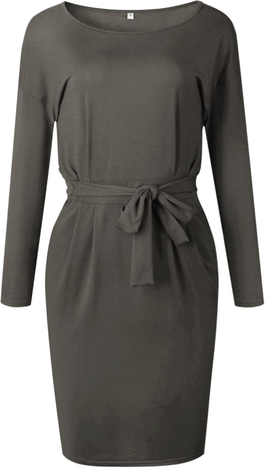 imagePRETTYGARDEN Womens Fall Bodycon Party Dress Casual Long Sleeve Tie Waist Fitted Sheath Pencil Dresses with PocketsDark Grey