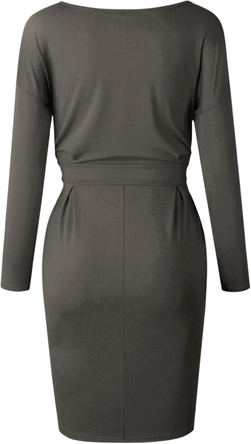 imagePRETTYGARDEN Womens Fall Bodycon Party Dress Casual Long Sleeve Tie Waist Fitted Sheath Pencil Dresses with PocketsDark Grey