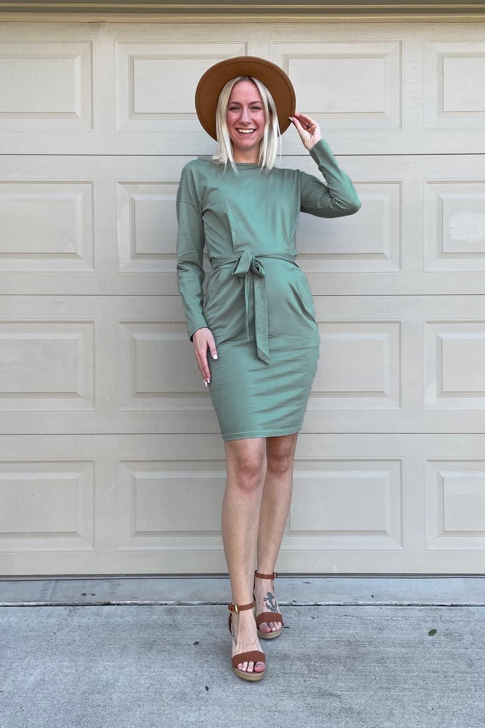 imagePRETTYGARDEN Womens Fall Bodycon Party Dress Casual Long Sleeve Tie Waist Fitted Sheath Pencil Dresses with PocketsGrey Green