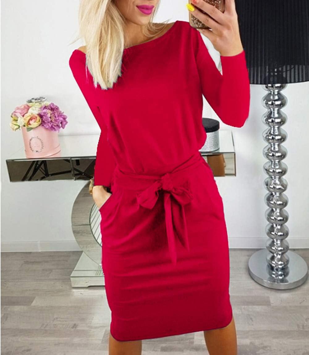 imagePRETTYGARDEN Womens Fall Bodycon Party Dress Casual Long Sleeve Tie Waist Fitted Sheath Pencil Dresses with PocketsRed
