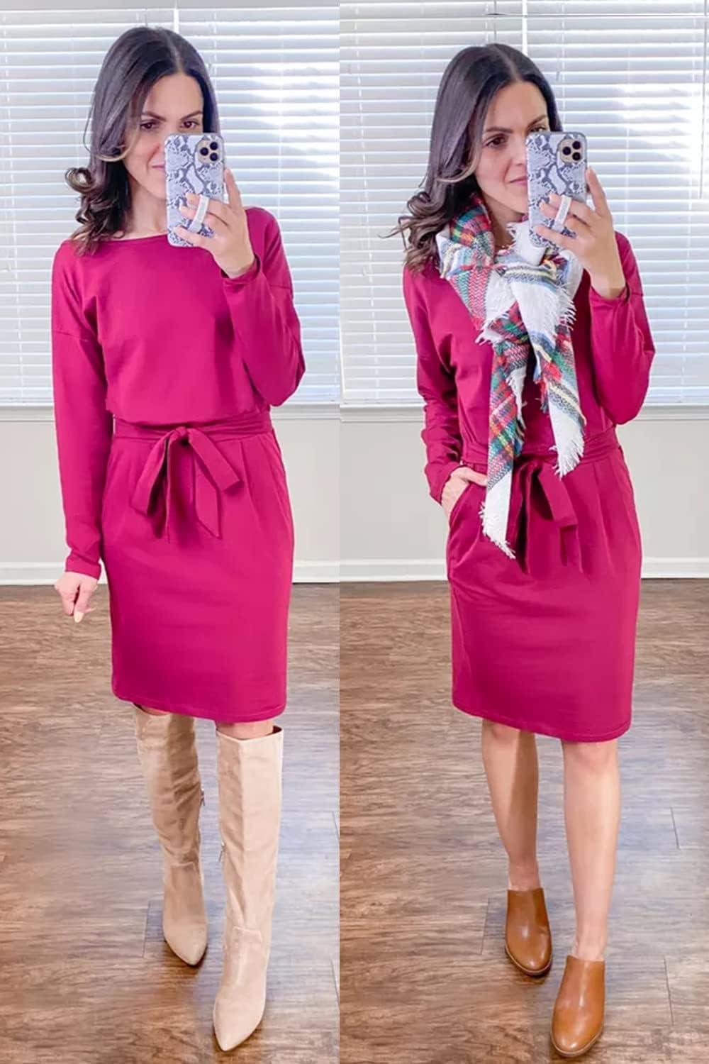 imagePRETTYGARDEN Womens Fall Bodycon Party Dress Casual Long Sleeve Tie Waist Fitted Sheath Pencil Dresses with PocketsRose Red