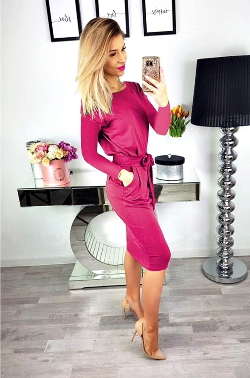 imagePRETTYGARDEN Womens Fall Bodycon Party Dress Casual Long Sleeve Tie Waist Fitted Sheath Pencil Dresses with PocketsRose Red