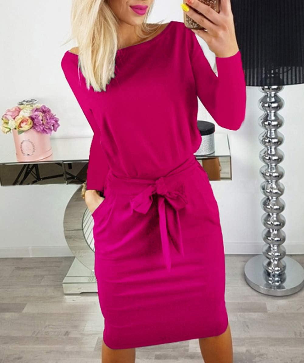 imagePRETTYGARDEN Womens Fall Bodycon Party Dress Casual Long Sleeve Tie Waist Fitted Sheath Pencil Dresses with PocketsRose Red