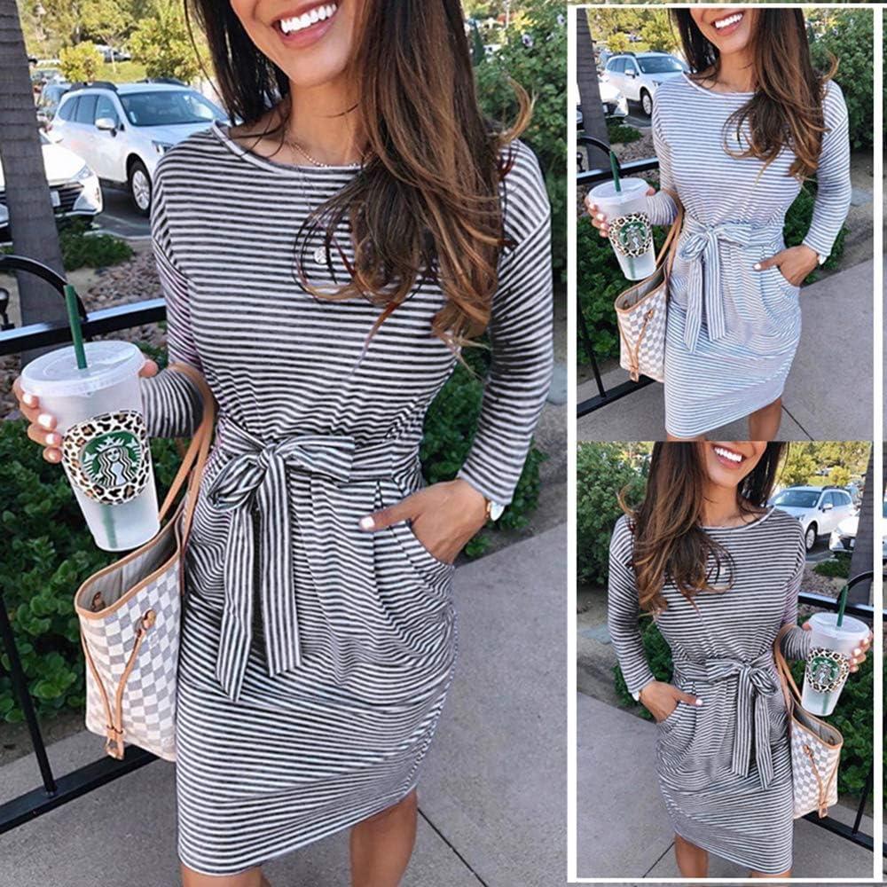 imagePRETTYGARDEN Womens Fall Bodycon Party Dress Casual Long Sleeve Tie Waist Fitted Sheath Pencil Dresses with PocketsStripe Dark Grey