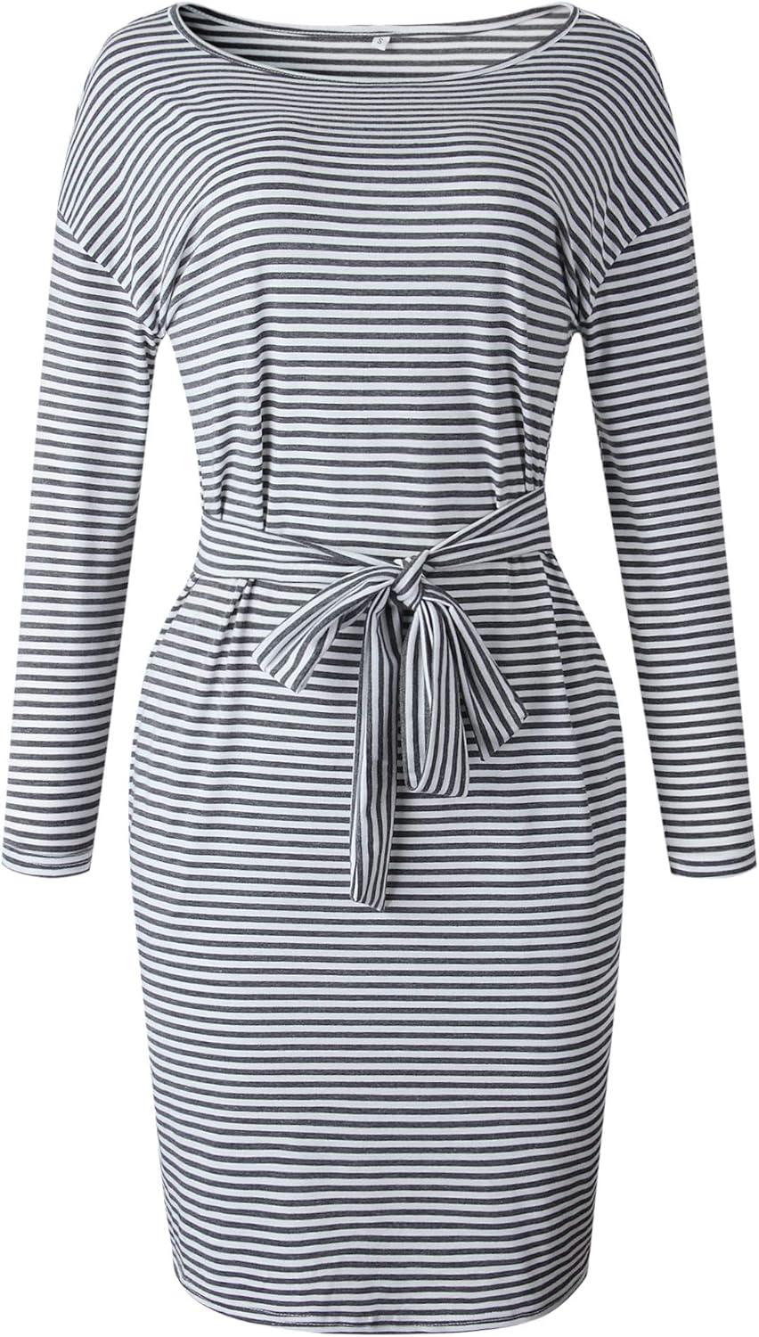 imagePRETTYGARDEN Womens Fall Bodycon Party Dress Casual Long Sleeve Tie Waist Fitted Sheath Pencil Dresses with PocketsStripe Dark Grey