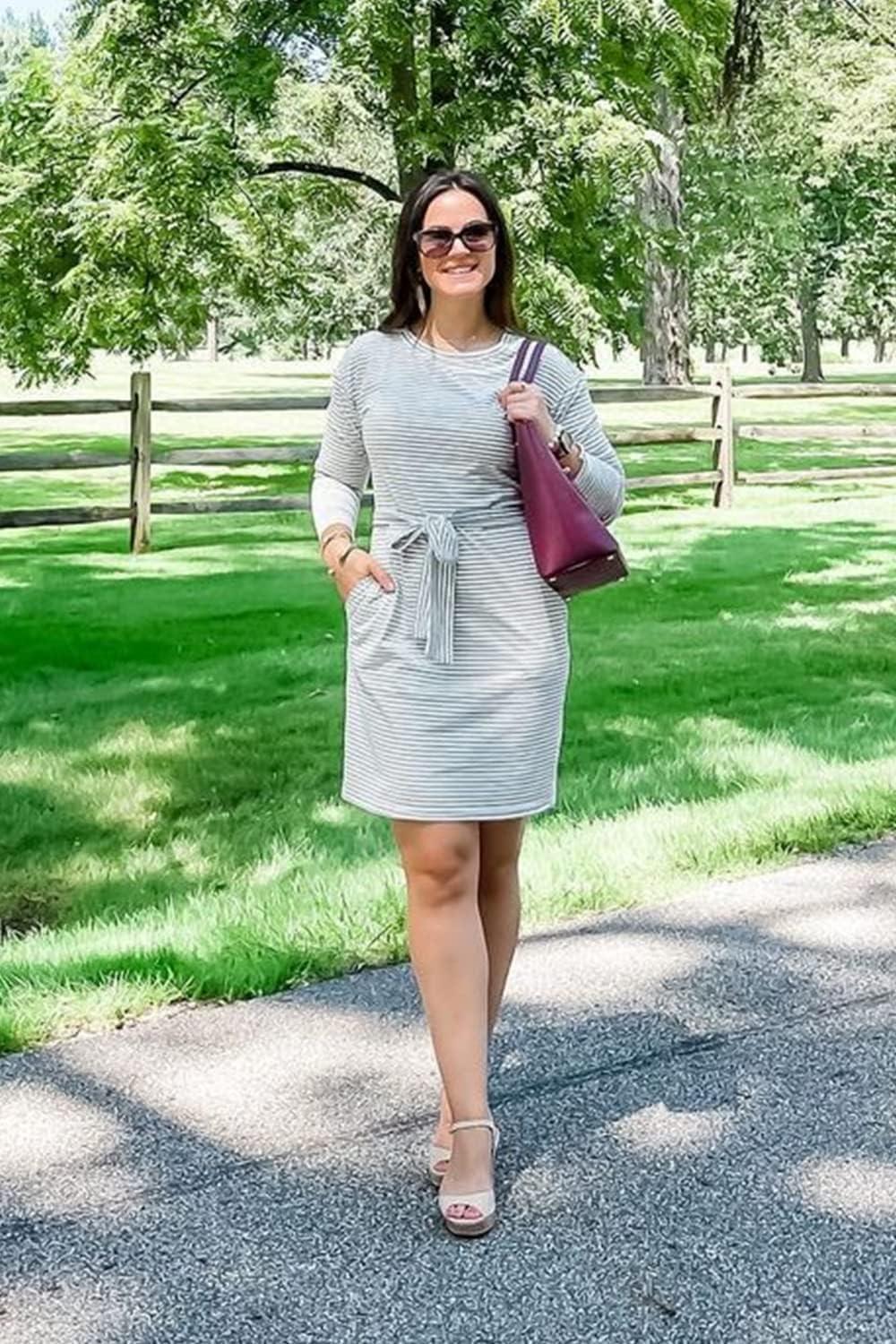 imagePRETTYGARDEN Womens Fall Bodycon Party Dress Casual Long Sleeve Tie Waist Fitted Sheath Pencil Dresses with PocketsStripe Green