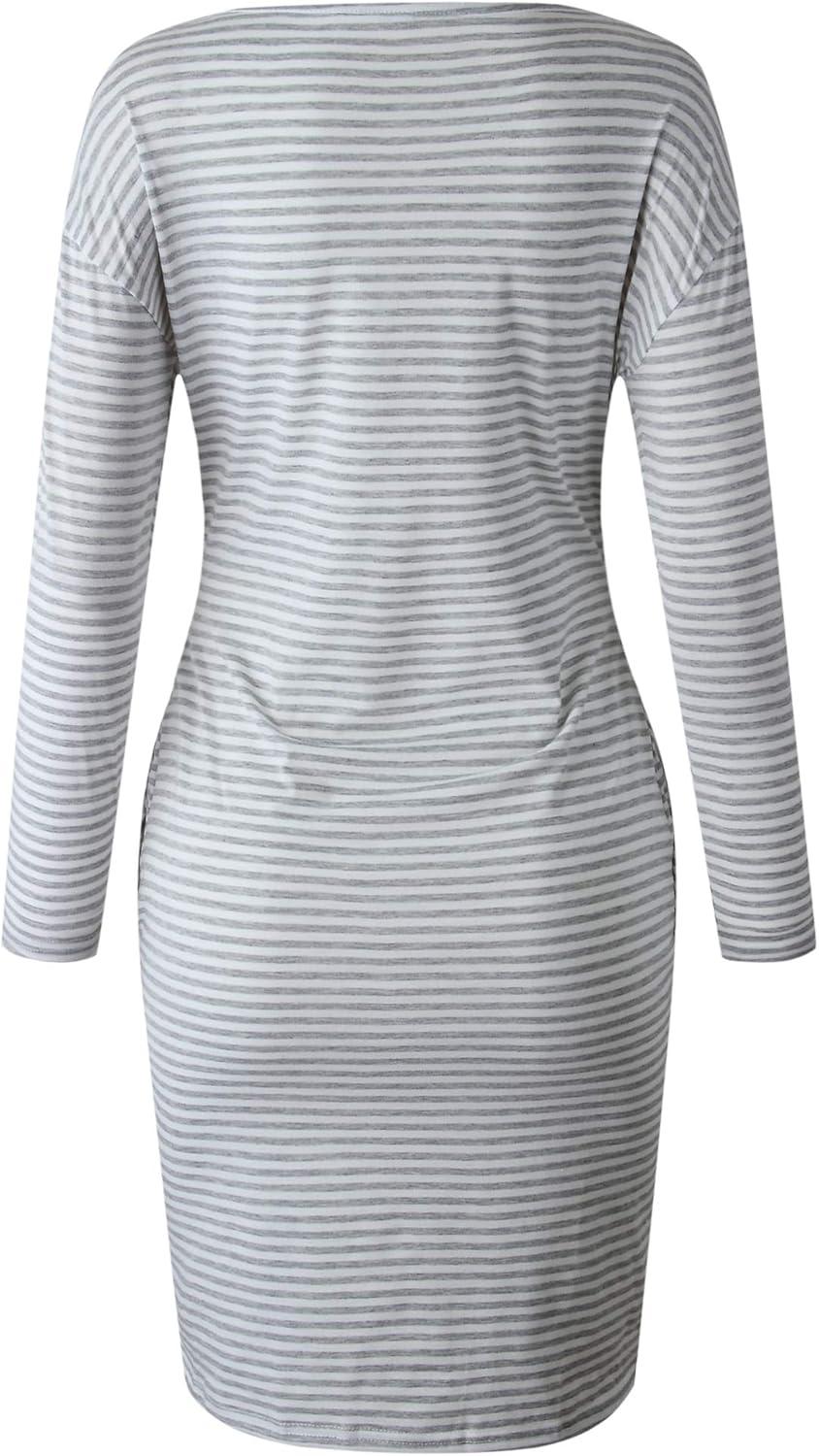 imagePRETTYGARDEN Womens Fall Bodycon Party Dress Casual Long Sleeve Tie Waist Fitted Sheath Pencil Dresses with PocketsStripe Light Grey