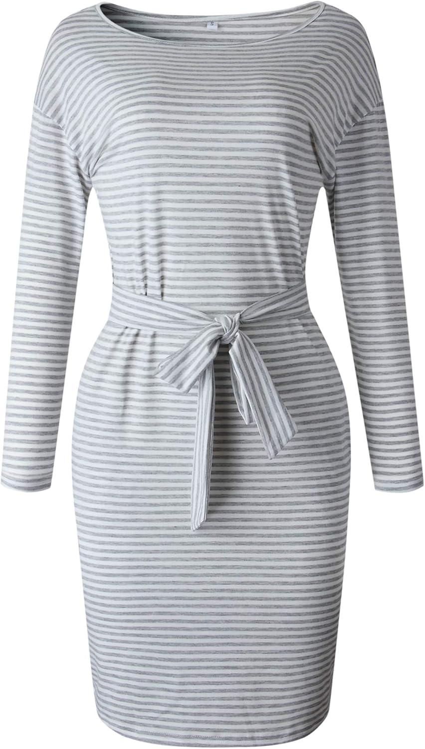 imagePRETTYGARDEN Womens Fall Bodycon Party Dress Casual Long Sleeve Tie Waist Fitted Sheath Pencil Dresses with PocketsStripe Light Grey