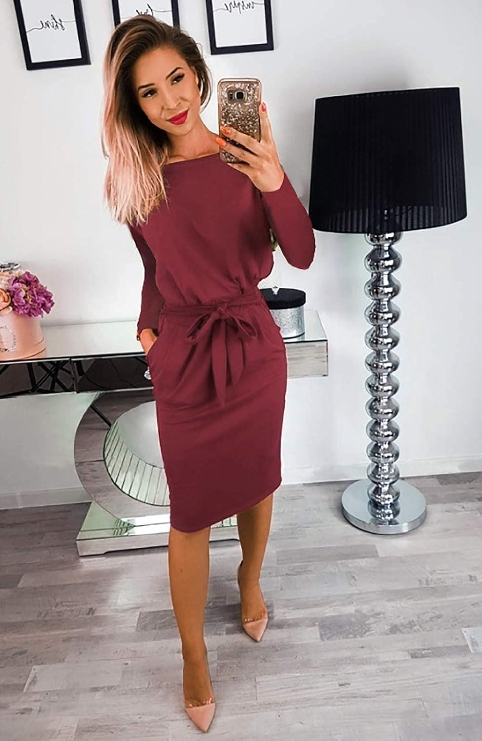imagePRETTYGARDEN Womens Fall Bodycon Party Dress Casual Long Sleeve Tie Waist Fitted Sheath Pencil Dresses with PocketsWine Red