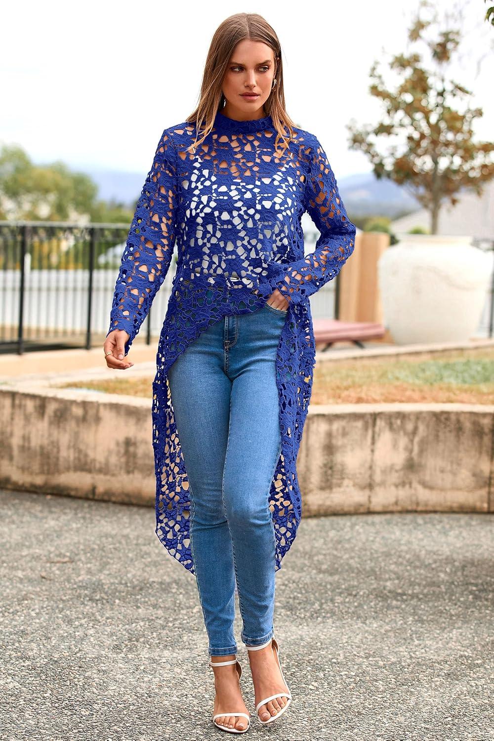imagePRETTYGARDEN Womens Long Sleeve Round Neck High Low Asymmetrical Irregular Hem Casual Tops Blouse Shirt DressBlue