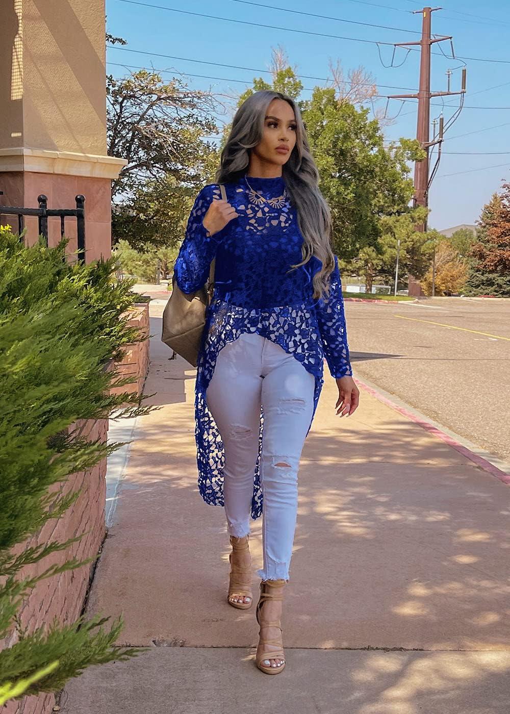 imagePRETTYGARDEN Womens Long Sleeve Round Neck High Low Asymmetrical Irregular Hem Casual Tops Blouse Shirt DressBlue