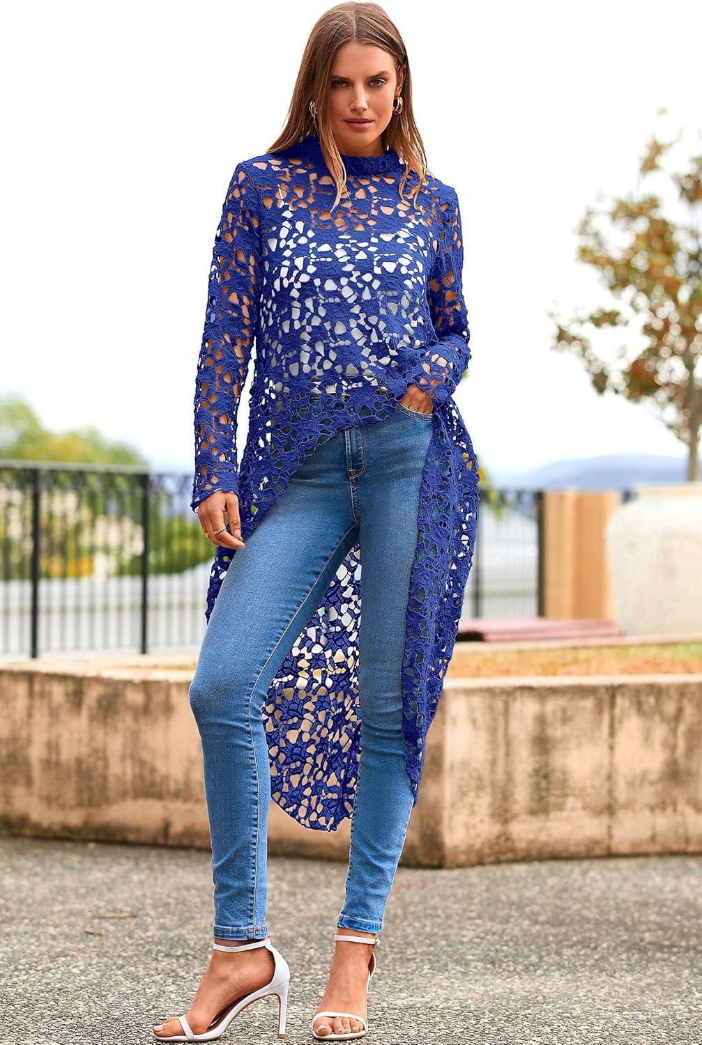 imagePRETTYGARDEN Womens Long Sleeve Round Neck High Low Asymmetrical Irregular Hem Casual Tops Blouse Shirt DressBlue